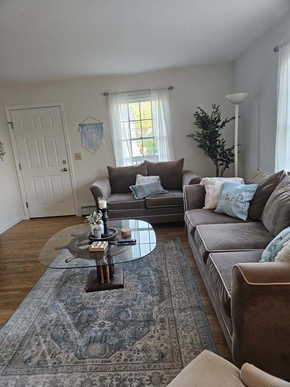 Living area at Saltwater Escape beach house rental Niantic CT